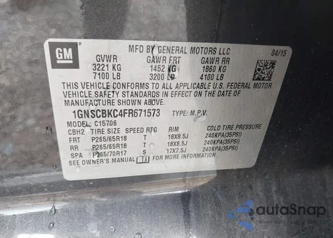 2015 Chevrolet Tahoe Lt из США, поврежденный, VIN 1GNSCBKC4FR671573